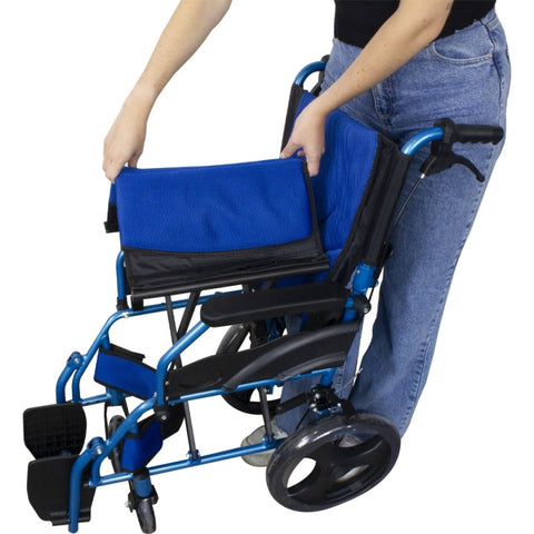Sedia a rotelle pieghevole in alluminio con freni sulle maniglie, colore blu