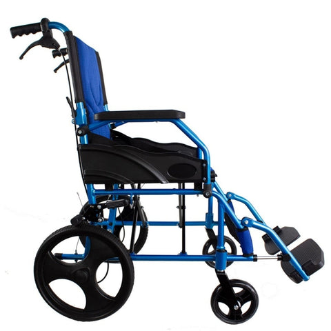 Sedia a rotelle pieghevole in alluminio con freni sulle maniglie, colore blu