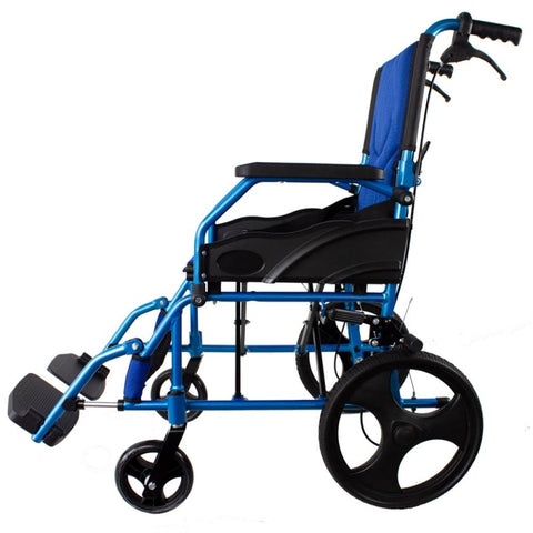 Sedia a rotelle pieghevole in alluminio con freni sulle maniglie, colore blu