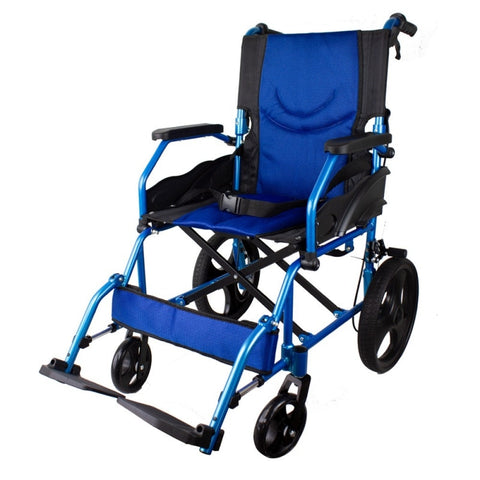 Sedia a rotelle pieghevole in alluminio con freni sulle maniglie, colore blu