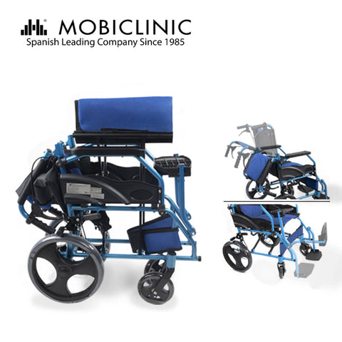 Sedia a rotelle pieghevole in alluminio con freni sulle maniglie, colore blu