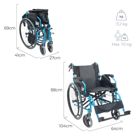 Sedia a rotelle pieghevole con schienale diviso e braccioli ribaltabili colore blu