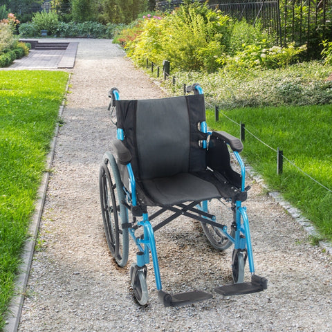 Sedia a rotelle pieghevole con schienale diviso e braccioli ribaltabili colore blu