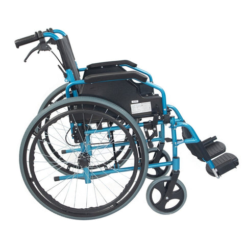 Sedia a rotelle pieghevole con schienale diviso e braccioli ribaltabili colore blu