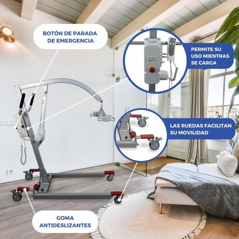 Grua para enfermos fortuna basic características: botón de emergencia, permite uso mientras se carga, ruedas y goma antiedeslizante