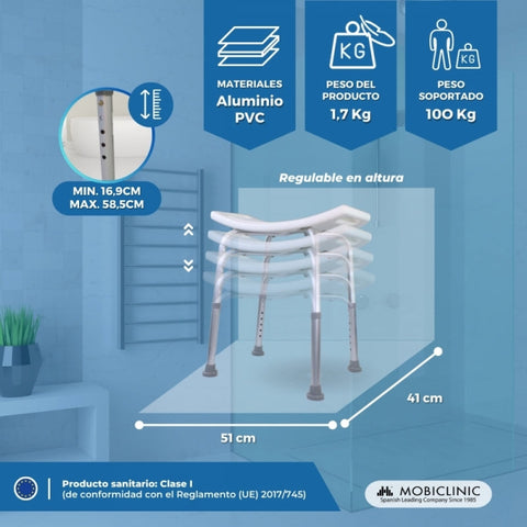 Silla de ducha | Aluminio | Regulable en altura | Conteras antideslizantes | San Fermín