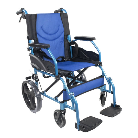 Sedia a rotelle pieghevole in alluminio con freni sulle maniglie, colore blu