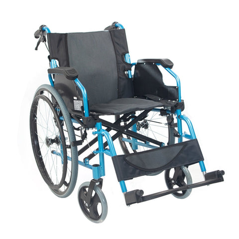 Sedia a rotelle pieghevole con schienale diviso e braccioli ribaltabili colore blu
